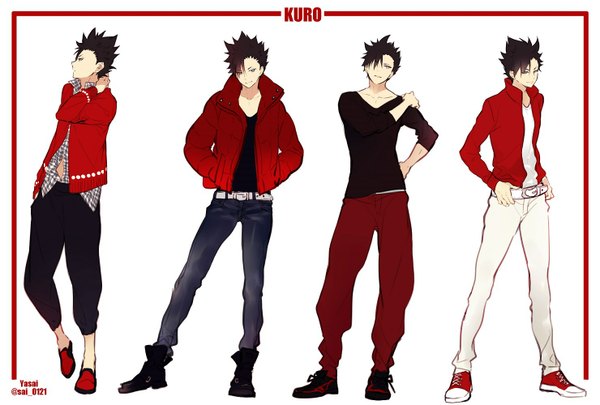 Anime picture 1480x1000 with haikyuu!! production i.g kuroo tetsurou yasai (getsu) fringe short hair black hair simple background smile standing white background profile light smile hair over one eye open clothes open jacket open shirt arm behind head hand in pocket hands in pockets