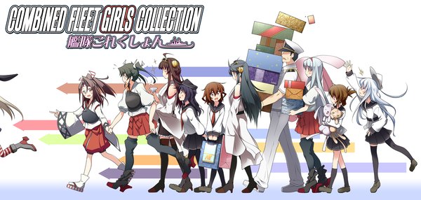 Anime picture 1451x694 with kantai collection shimakaze destroyer hibiki destroyer kongou battleship haruna battleship verniy destroyer akatsuki destroyer inazuma destroyer shoukaku aircraft carrier ikazuchi destroyer zuikaku aircraft carrier admiral (kantai collection) zuihou light aircraft carrier kaneda mitsuko long hair blush short hair open mouth blue eyes black hair