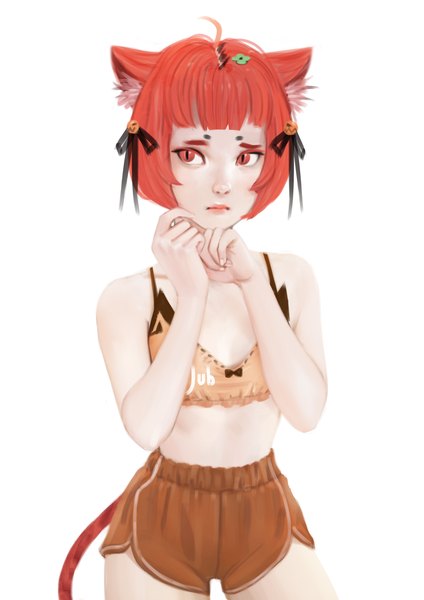 Anime picture 2480x3508 with original milk (jubi) jubi (regiana) single tall image highres short hair light erotic simple background red eyes white background bare shoulders animal ears looking away red hair tail animal tail fingernails cat ears realistic