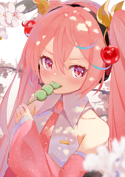 Anime picture 1000x1414 with vocaloid hatsune miku sakura miku takepon1123 single long hair tall image looking at viewer blush fringe hair between eyes twintails pink hair upper body pink eyes cherry blossoms eating girl detached sleeves necktie