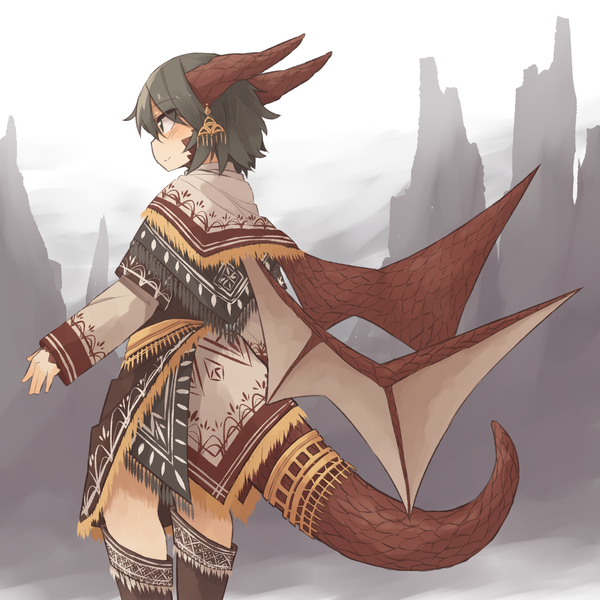Anime picture 1680x1680 with original kaginoni single short hair black hair smile looking away tail long sleeves profile horn (horns) from behind black eyes sleeves past wrists dragon girl dragon tail dragon wings girl wings jewelry