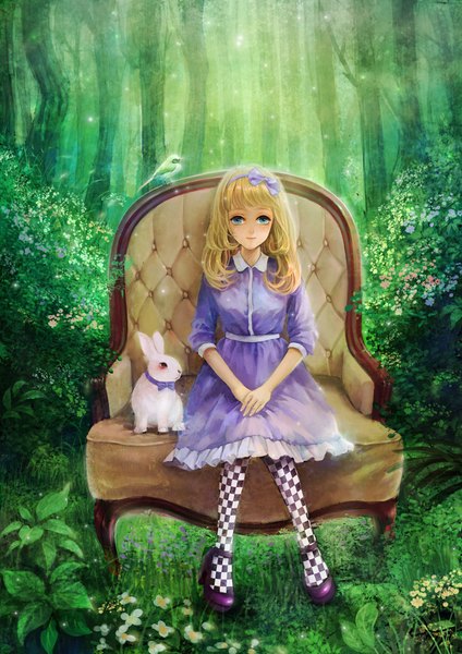 Anime picture 835x1181 with original wallace (artist) single long hair tall image looking at viewer blue eyes blonde hair sitting girl dress flower (flowers) ribbon (ribbons) plant (plants) hair ribbon animal tree (trees) bird (birds) grass forest
