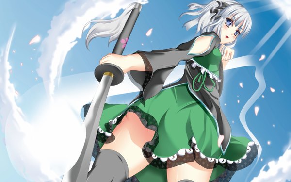 Anime picture 2561x1601 with touhou konpaku youmu myon lilybell (artist) blush highres short hair open mouth blue eyes wide image cloud (clouds) white hair girl thighhighs dress skirt weapon black thighhighs sword katana