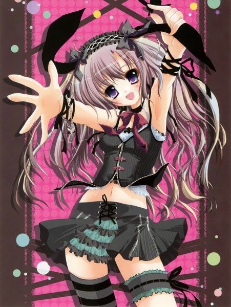 Anime picture 1129x1500 with long hair tall image blush open mouth blonde hair purple eyes bare shoulders animal ears bunny ears girl thighhighs skirt bow striped thighhighs garter (garters)