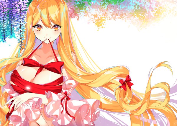Anime picture 1200x854 with touhou yakumo yukari roh nam kyung single looking at viewer blush breasts light erotic blonde hair smile large breasts holding upper body very long hair orange eyes mouth hold girl dress flower (flowers) bow