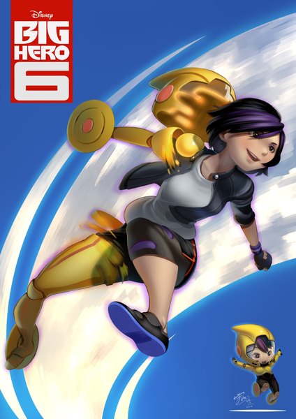 Anime picture 1240x1754 with big hero 6 disney gogo tomago (big hero 6) agustinus (artist) single tall image short hair smile brown eyes multicolored hair open clothes open jacket two-tone hair girl gloves jacket fingerless gloves t-shirt helmet