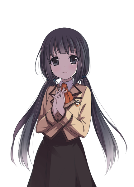 Anime picture 860x1200 with nagi no asukara p.a. works shiodome miuna verjuice single long hair tall image looking at viewer fringe black hair smile standing twintails payot blunt bangs black eyes low twintails transparent background hands clasped interlocked fingers