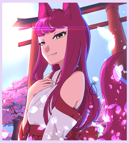 Anime picture 1118x1246 with original ar jart single long hair tall image looking at viewer fringe signed animal ears yellow eyes pink hair tail traditional clothes japanese clothes animal tail light smile sunlight fang (fangs) cherry blossoms border