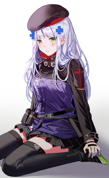 Anime picture 550x892 with girls frontline hk416 (girls frontline) silence girl single long hair tall image looking at viewer blush fringe simple background white background sitting green eyes silver hair full body blunt bangs shadow zettai ryouiki facial mark wariza