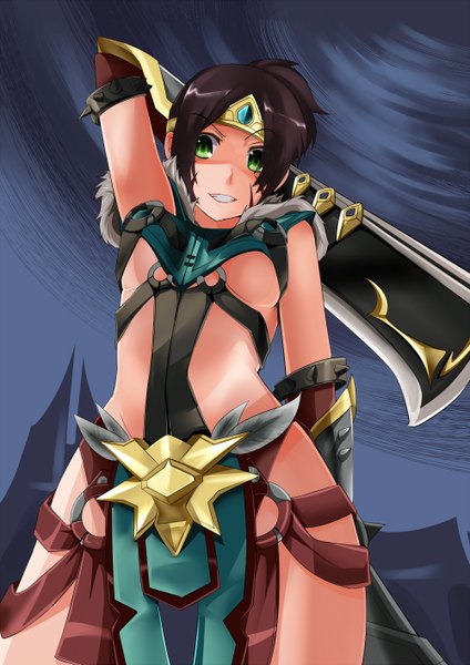 Anime picture 2000x2827 with league of legends draven (league of legends) otaku (pixiv id4162402) single tall image highres short hair light erotic black hair green eyes no panties genderswap girl gloves weapon circlet