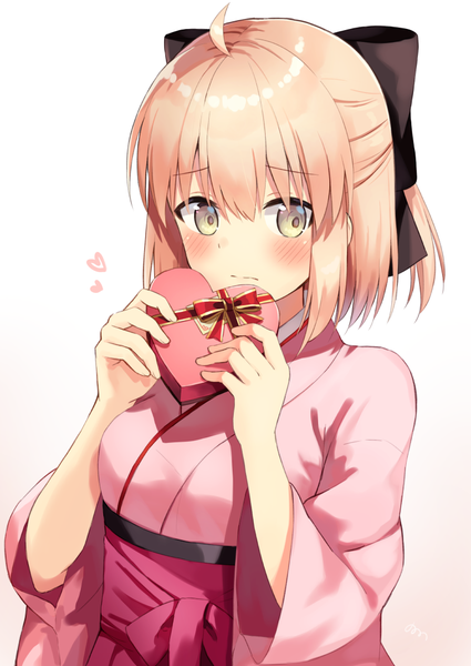 Anime picture 752x1062 with fate (series) fate/grand order okita souji (fate) (all) okita souji (koha-ace) nonono (nononotea) single tall image blush fringe short hair simple background blonde hair hair between eyes yellow eyes ahoge traditional clothes japanese clothes embarrassed gradient background half updo