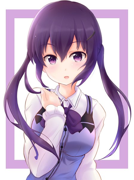Anime picture 800x1068 with gochuumon wa usagi desu ka? white fox pixiv tedeza rize machida (pixiv3889061) single long hair tall image looking at viewer blush fringe breasts open mouth simple background smile large breasts standing white background purple eyes twintails