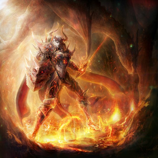 Anime picture 1100x1100 with original gharly short hair breasts white hair tail heterochromia demon girl lava girl sword armor fire dragon monster shield