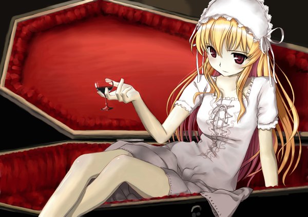 Anime picture 1200x849 with fortune arterial august soft sendou erika mocha (snowflake) single long hair blush fringe blonde hair hair between eyes red eyes sitting holding payot bent knee (knees) arm support looking down dark background pale skin lacing