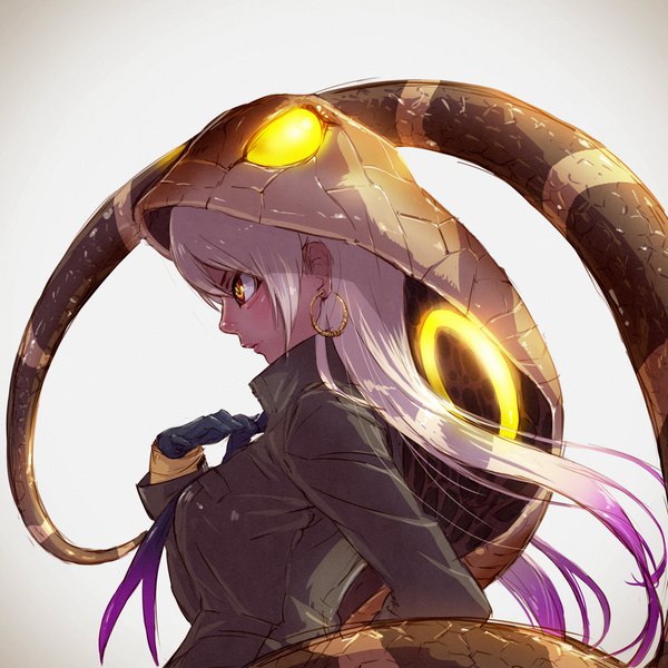 Anime picture 1920x1920 with kemono friends king cobra (kemono friends) takami masahiro single long hair blush fringe highres simple background hair between eyes yellow eyes silver hair upper body tail profile glowing gradient hair snake tail girl gloves