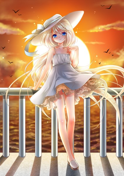 Anime picture 874x1240 with original kokutou mimi long hair tall image looking at viewer blush blue eyes sky cloud (clouds) white hair girl dress hat sundress sun