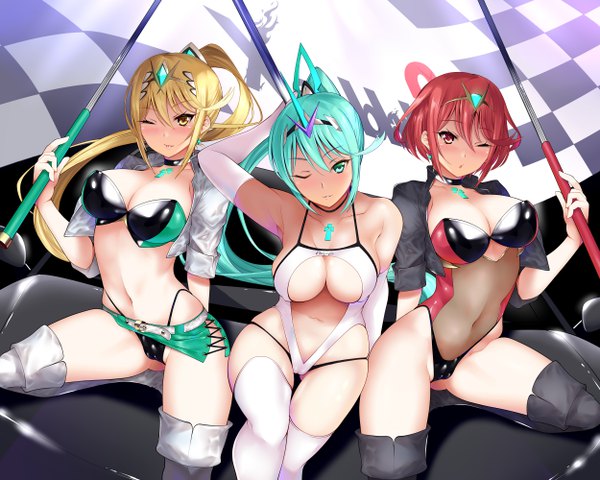 Anime picture 5000x4000 with xenoblade xenoblade 2 pyra (xenoblade) mythra (xenoblade) pneuma (xenoblade) daive long hair looking at viewer blush fringe highres short hair breasts open mouth light erotic blonde hair smile hair between eyes red eyes large breasts