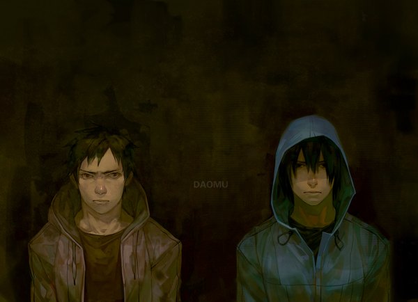Anime picture 1500x1087 with daomu (grave robbery note) shishio (pixiv) short hair black hair simple background brown hair brown eyes brown background boy jacket hood