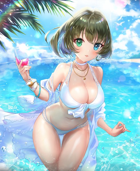 Anime picture 1330x1623 with idolmaster idolmaster cinderella girls takagaki kaede ttaji (pass35) single tall image looking at viewer blush fringe short hair breasts open mouth blue eyes light erotic brown hair large breasts standing holding green eyes signed