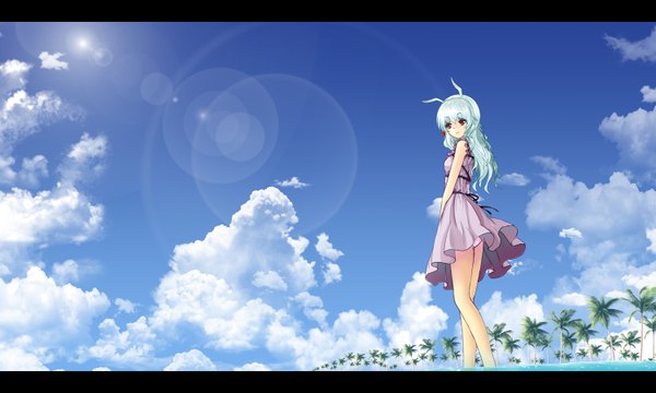 Anime picture 1500x900 with dusk/dawn single long hair red eyes wide image animal ears sky silver hair cloud (clouds) girl plant (plants) tree (trees) sundress palm tree