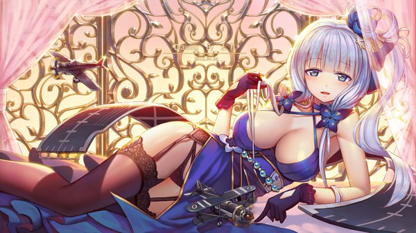 Anime picture 1920x1080 with azur lane illustrious (azur lane) illustrious (never-ending tea party) (azur lane) ttheyue single long hair looking at viewer blush fringe highres breasts open mouth blue eyes light erotic wide image large breasts bare shoulders signed cleavage silver hair