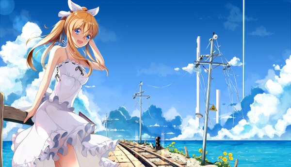 Anime picture 1300x750 with original liu guniang single long hair looking at viewer fringe open mouth blue eyes blonde hair wide image standing bare shoulders sky cloud (clouds) ponytail sunlight happy arm behind head girl dress