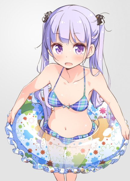 Anime picture 722x1000 with new game! doga kobo suzukaze aoba tokunou shoutarou single long hair tall image blush fringe open mouth light erotic simple background purple eyes twintails purple hair blunt bangs from above grey background official art wet