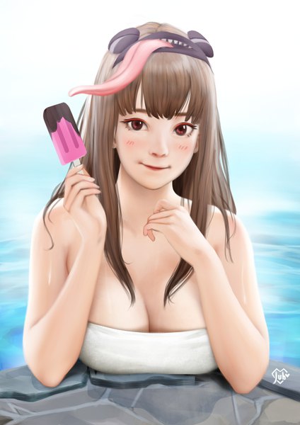 Anime picture 2480x3508 with original ebmal (jubi) jubi (regiana) long hair tall image fringe highres breasts light erotic smile brown hair large breasts brown eyes signed naked towel long tongue water food sweets tongue