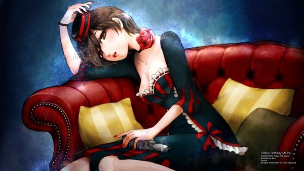 Anime picture 1920x1080 with project diva vocaloid meiko single blush highres short hair open mouth brown hair wide image brown eyes cleavage nail polish lips girl dress flower (flowers) hat black dress rose (roses)