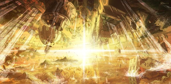 Anime picture 1800x889 with original mugon highres wide image light landscape destruction explosion plant (plants) tree (trees) water building (buildings)