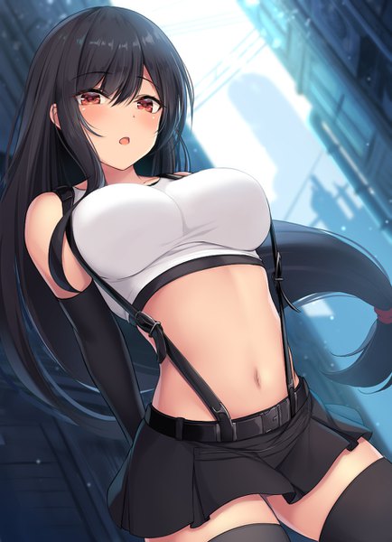 Anime picture 920x1270 with final fantasy final fantasy vii final fantasy vii remake square enix tifa lockhart tiphereth single long hair tall image blush fringe breasts light erotic black hair hair between eyes red eyes large breasts standing bare shoulders payot