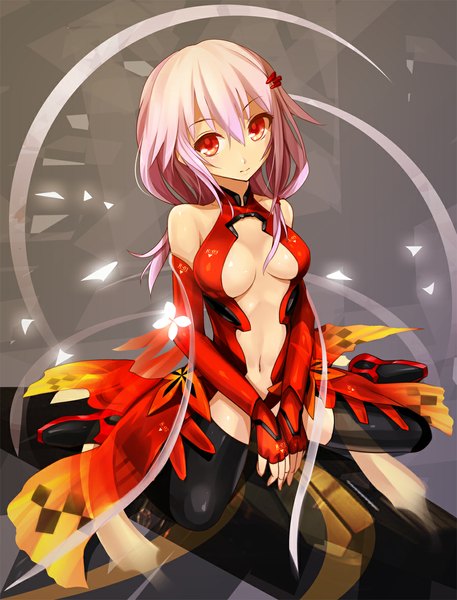 Anime picture 900x1181 with guilty crown production i.g yuzuriha inori yato (pondel) single long hair tall image looking at viewer breasts light erotic red eyes bare shoulders pink hair midriff center opening girl thighhighs navel hair ornament black thighhighs