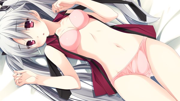 Anime picture 1920x1080 with kurano kun chi no futago jijou kurano tomoka kanekiyo miwa single long hair highres light erotic red eyes wide image twintails game cg silver hair girl navel underwear panties necktie lingerie bra pink panties