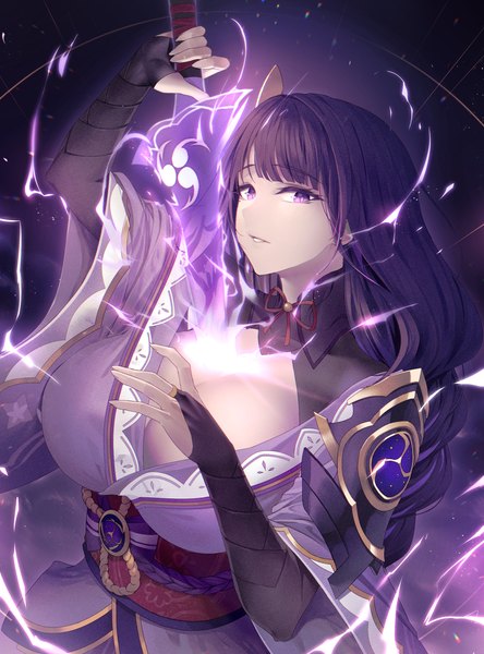 Anime-Bild 1200x1620 mit genshin impact raiden shogun limeblock single long hair tall image looking at viewer fringe breasts light erotic purple eyes holding purple hair upper body blunt bangs traditional clothes parted lips japanese clothes arm up huge breasts