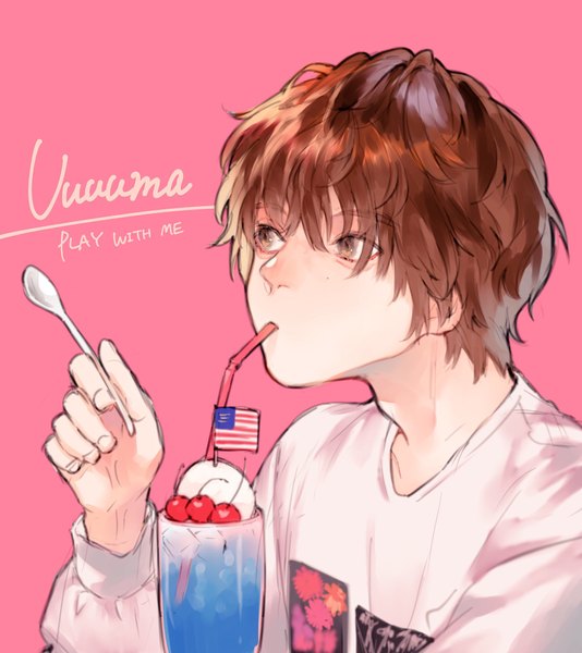 Anime picture 1816x2039 with real life uchida yuuma yokuni (yokunill001121) single tall image highres short hair simple background brown hair brown eyes looking away upper body pink background drinking boy fruit drink flag spoon cherry