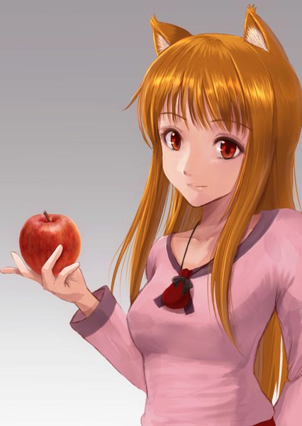 Anime picture 724x1020 with spice and wolf horo telaform single long hair tall image looking at viewer fringe simple background smile red eyes holding animal ears orange hair grey background wolf ears girl pendant fruit apple