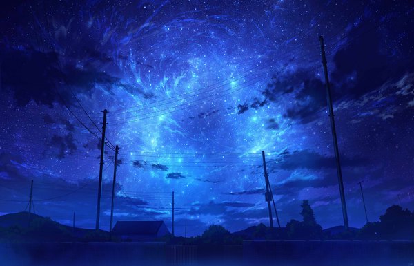 Anime picture 7609x4882 with original skyrick9413 highres absurdres cloud (clouds) outdoors night night sky no people scenic plant (plants) tree (trees) building (buildings) star (stars) power lines