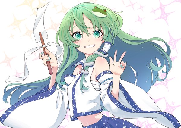 Anime picture 3541x2508 with touhou kochiya sanae kawayabug single long hair looking at viewer fringe highres smile hair between eyes holding green eyes absurdres traditional clothes japanese clothes green hair grin victory nontraditional miko girl