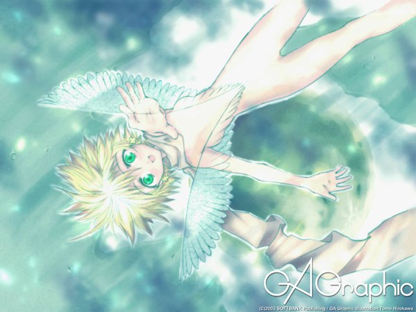 Anime picture 1024x768 with gagraphic looking at viewer short hair open mouth blonde hair smile green eyes inscription girl wings