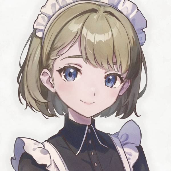 Anime picture 1436x1436 with original yuri yone single looking at viewer fringe short hair blue eyes simple background blonde hair smile white background upper body maid girl uniform headdress maid headdress