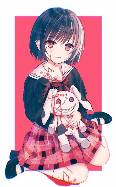 Anime picture 2360x3800 with original millkoi single tall image blush fringe highres short hair black hair simple background smile red eyes sitting full body light smile wariza plaid skirt blood on face bloody clothes injury