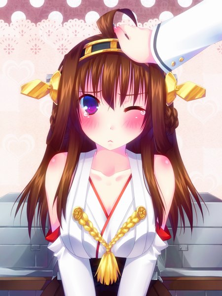 Anime picture 750x1000 with kantai collection kongou battleship door to heaven long hair tall image looking at viewer blush brown hair purple eyes bare shoulders ahoge one eye closed wink nontraditional miko girl hair ornament detached sleeves hand
