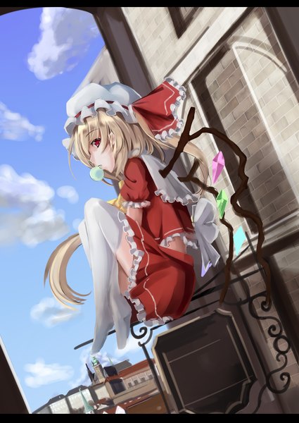 Anime picture 2507x3541 with touhou flandre scarlet lio (artist) single tall image highres short hair blonde hair yellow eyes cloud (clouds) girl thighhighs dress skirt white thighhighs wings bonnet skirt set