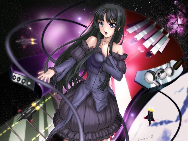Anime picture 1280x960 with k-on! kyoto animation akiyama mio kuleacha single long hair looking at viewer open mouth black hair bare shoulders signed black eyes outstretched arm space singing girl dress detached sleeves frills musical instrument