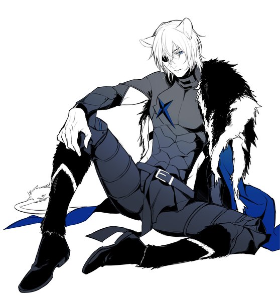 Anime picture 1681x1809 with fire emblem fire emblem: three houses nintendo dimitri alexandre blaiddyd sb (artist) single tall image looking at viewer fringe short hair blue eyes simple background hair between eyes white background sitting animal ears full body tail animal tail monochrome