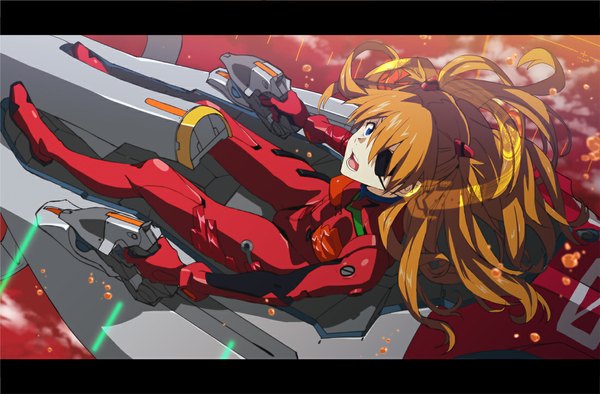 Anime picture 1102x724 with neon genesis evangelion gainax soryu asuka langley saitom single long hair looking at viewer fringe open mouth blue eyes sitting twintails cloud (clouds) wind orange hair looking up covering eye (eyes) mechanical girl uniform