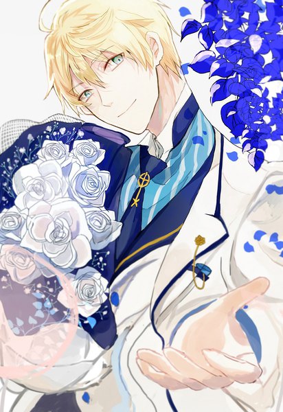 Anime picture 758x1102 with fate (series) fate/grand order fate/prototype arthur pendragon (fate) a o ume single tall image looking at viewer fringe short hair blonde hair hair between eyes white background holding green eyes ahoge upper body head tilt light smile outstretched hand