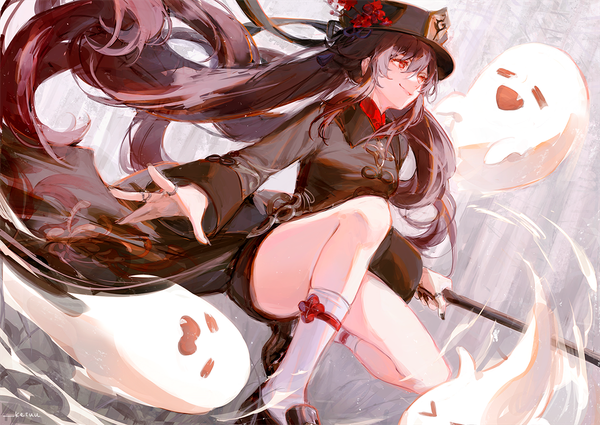 Anime picture 1200x849 with genshin impact hu tao (genshin impact) boo tao (genshin impact) keiuu single fringe smile hair between eyes red eyes brown hair twintails looking away very long hair traditional clothes chinese clothes squat ghost convenient leg girl hat