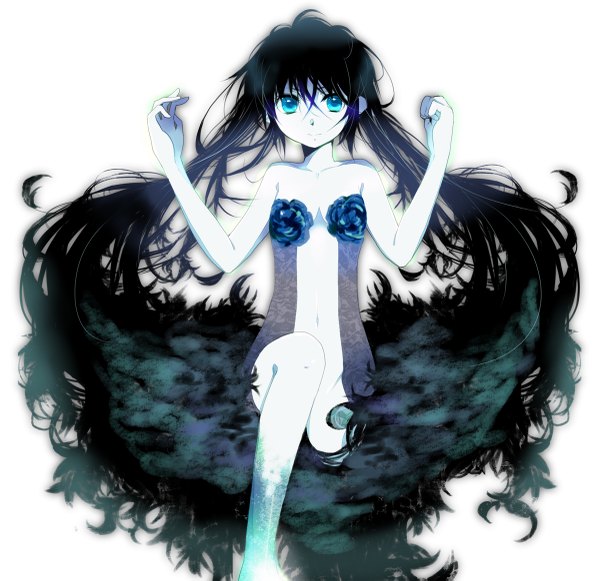 Anime picture 1200x1163 with vocaloid hatsune miku shinri ibitsu long hair blue eyes light erotic black hair simple background twintails girl navel flower (flowers)