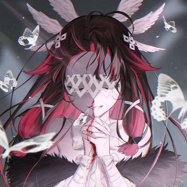 Anime picture 1200x1200 with genshin impact columbina (genshin impact) hyun9164 single long hair black hair smile upper body red hair eyes closed multicolored hair two-tone hair head wings hands clasped interlocked fingers bleeding nosebleed girl wings insect